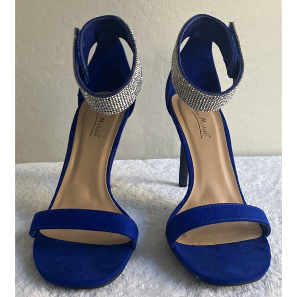 Anne Michelle Size 8 Royal Blue Faux Diamonds Open Toe High Heels Ankle Strap - Picture 11 of 16